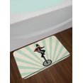 thumbnail image 2 of Retro Bath Mat, Vintage Inspired Circus Man on Monowheel Bike with Sun Rays, Plush Bathroom Decor Mat with Non Slip Backing, 29.5" X 17.5", Eggshell Pale Green, by Ambesonne, 2 of 2