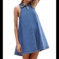 thumbnail image 2 of Vestido Minivestido de Mezclilla Sin Mangas para Mujer, Estilo Babydoll, Informal, de Verano, con Espalda Recortada, Corte en A, Holgado y Bolsillos Azul Oscuro M, 2 of 10