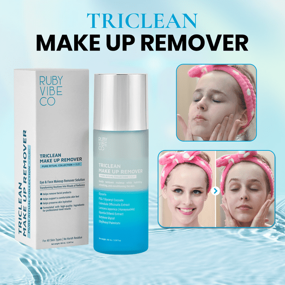 RUBY VIBE CO TriClean Waterproof Makeup Remover – Eye & Face Makeup Remover, Gentle Formula For All Skin Types, Blue, 3.38 fl oz (100 ml)