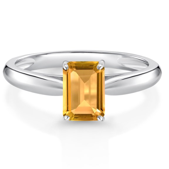 Gem Stone King 0.87 Ct Emerald Cut Yellow Citrine 10K White Gold Solitaire Engagement Ring (Size 8)