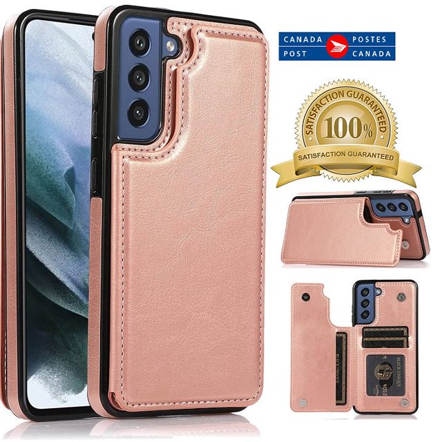 Merlin Leather Flip Wallet Case Card Holder Phone Back Cover for Samsung Galaxy S21 FE (Rose Gold)
