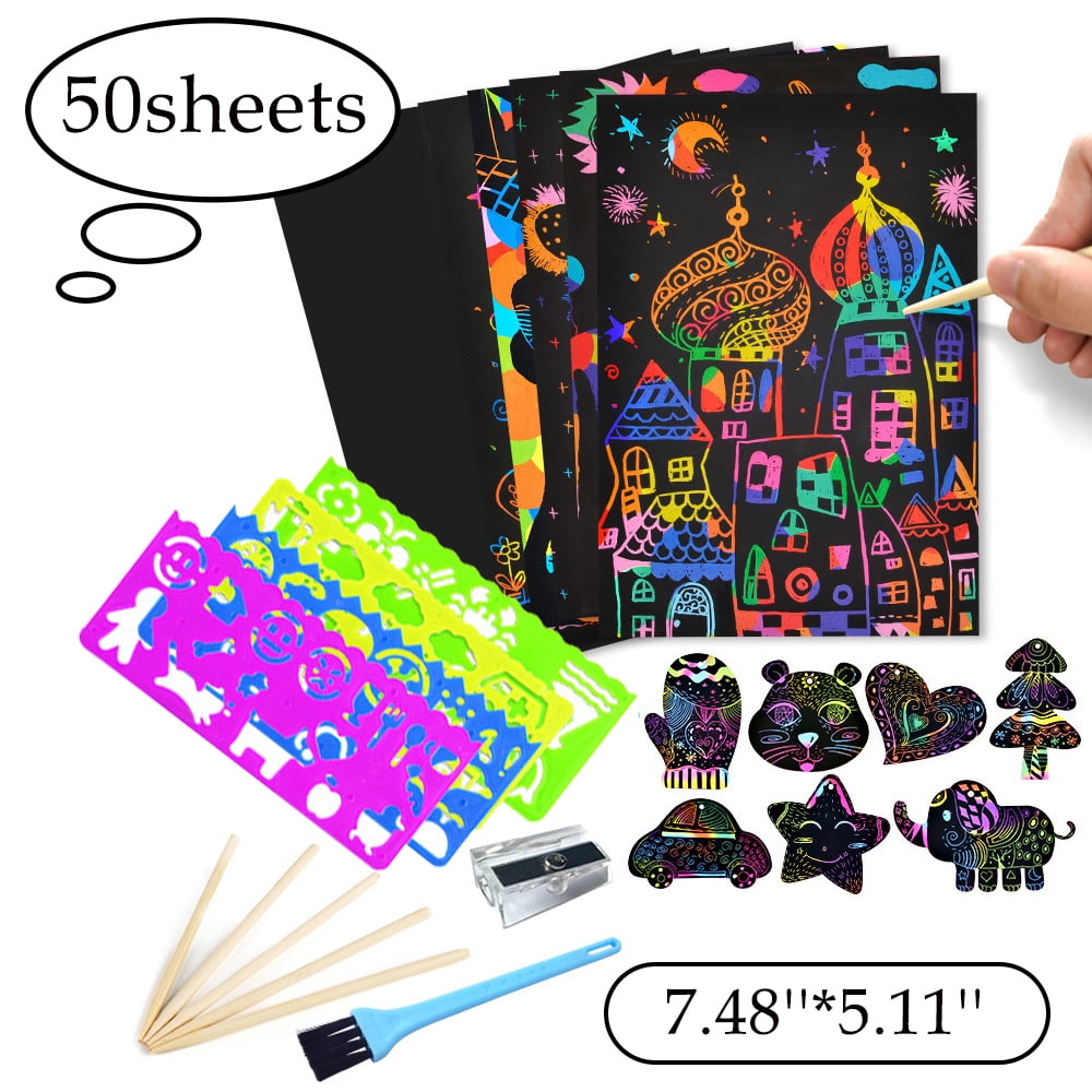 5 Wooden Stylus Brush and Sharpener N\A ZWIN 60 Pcs Scratch Art Cards for Kids Rainbow Scratch Art Paper Set with Black Scratch Cards 19 x 26cm 5 Stencil Rulers