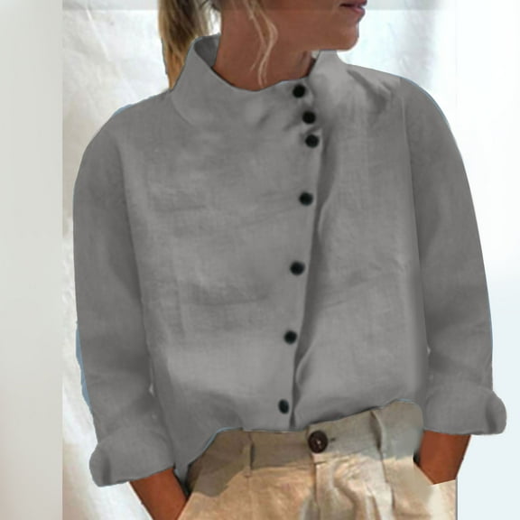 BVOFAR Women's Button Down Shirts Casual Solid Color Cotton Linen Tops Trendy Stand Collar Long Sleeve T-Shirts S-2XL