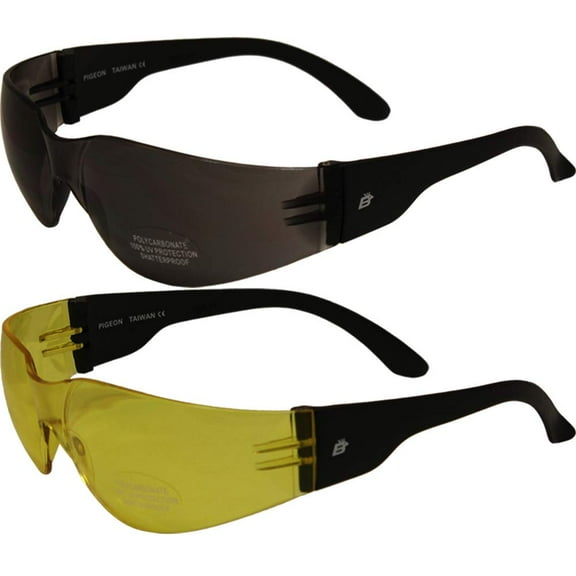 2 Pair of Pigeon Sport Riding ANSI 87.1  Safety Glasses Black 1 with Smoke Lens and 1 with Yellow Lens