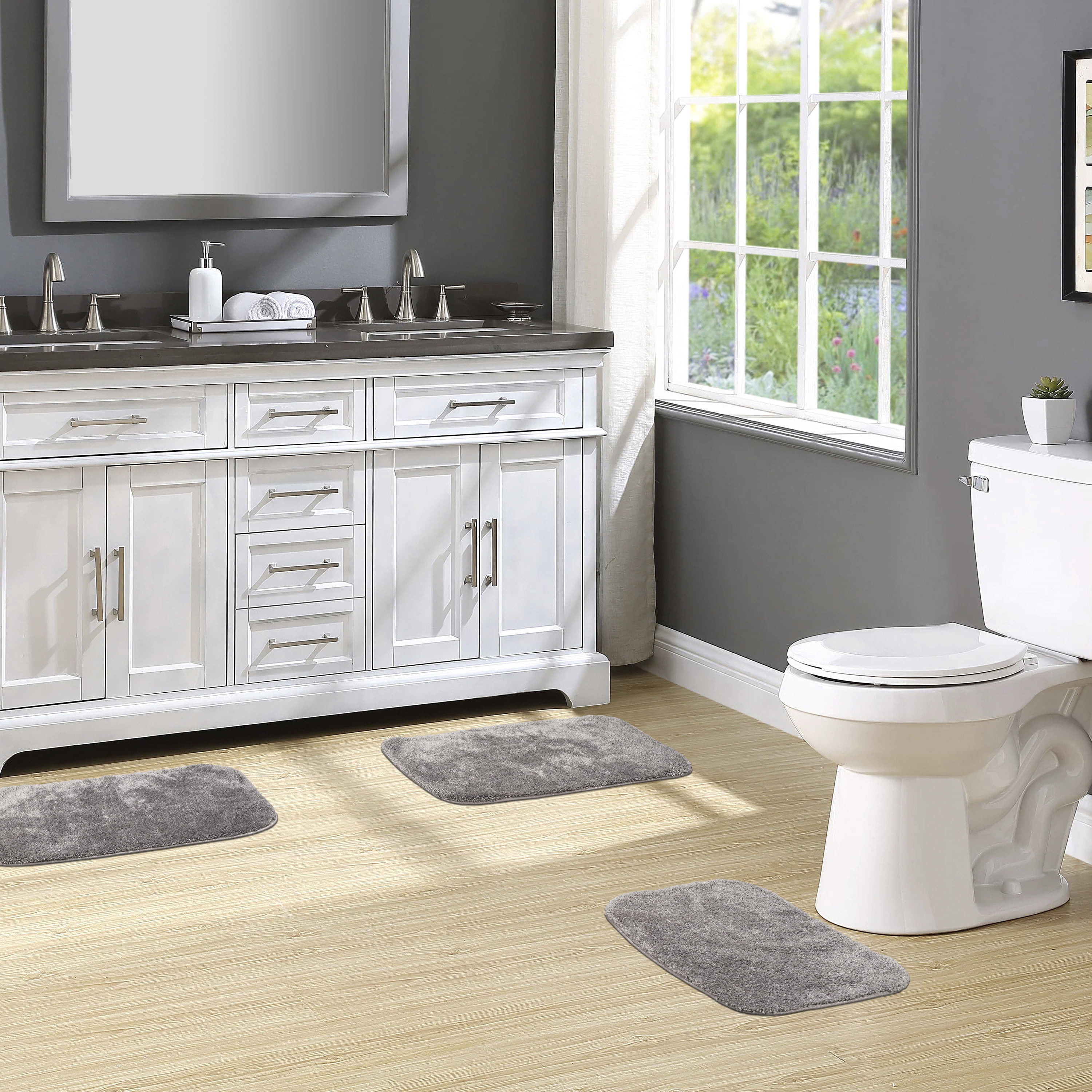 Garland Rug Traditional Washable Bath Rug Set, 3-Piece Set (17"x24" Bath Rug and Two 21"x34" Bath Rugs) Medium Gray