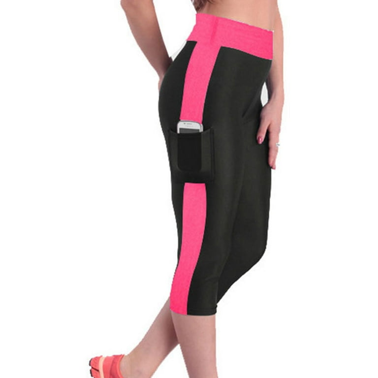 Pgeraug pants for women High Waist Tummy Control Yoga Workout Capris  Leggings Side Pockets leggings Hot Pink L 