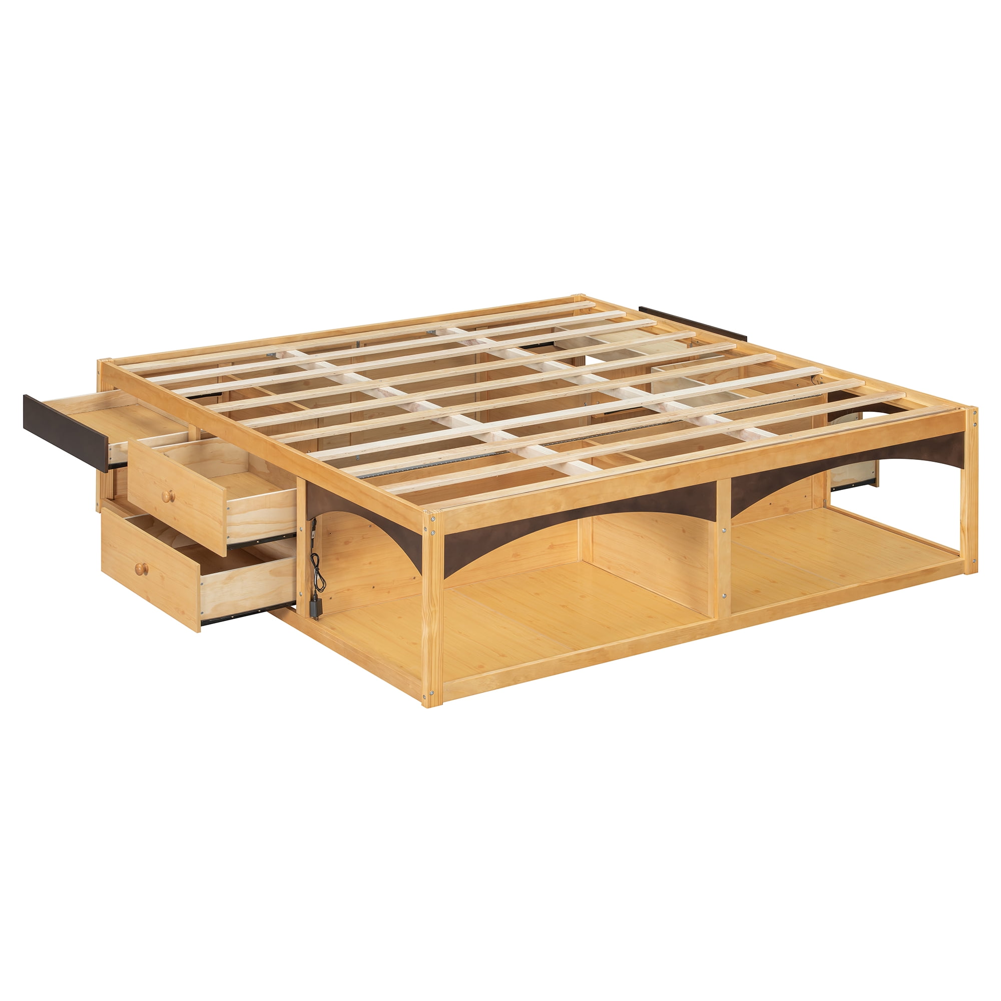 King Size Platform Bed with 2 Storage Drawers, Lighted Under-Bed Open Pet Space, No Headboard
