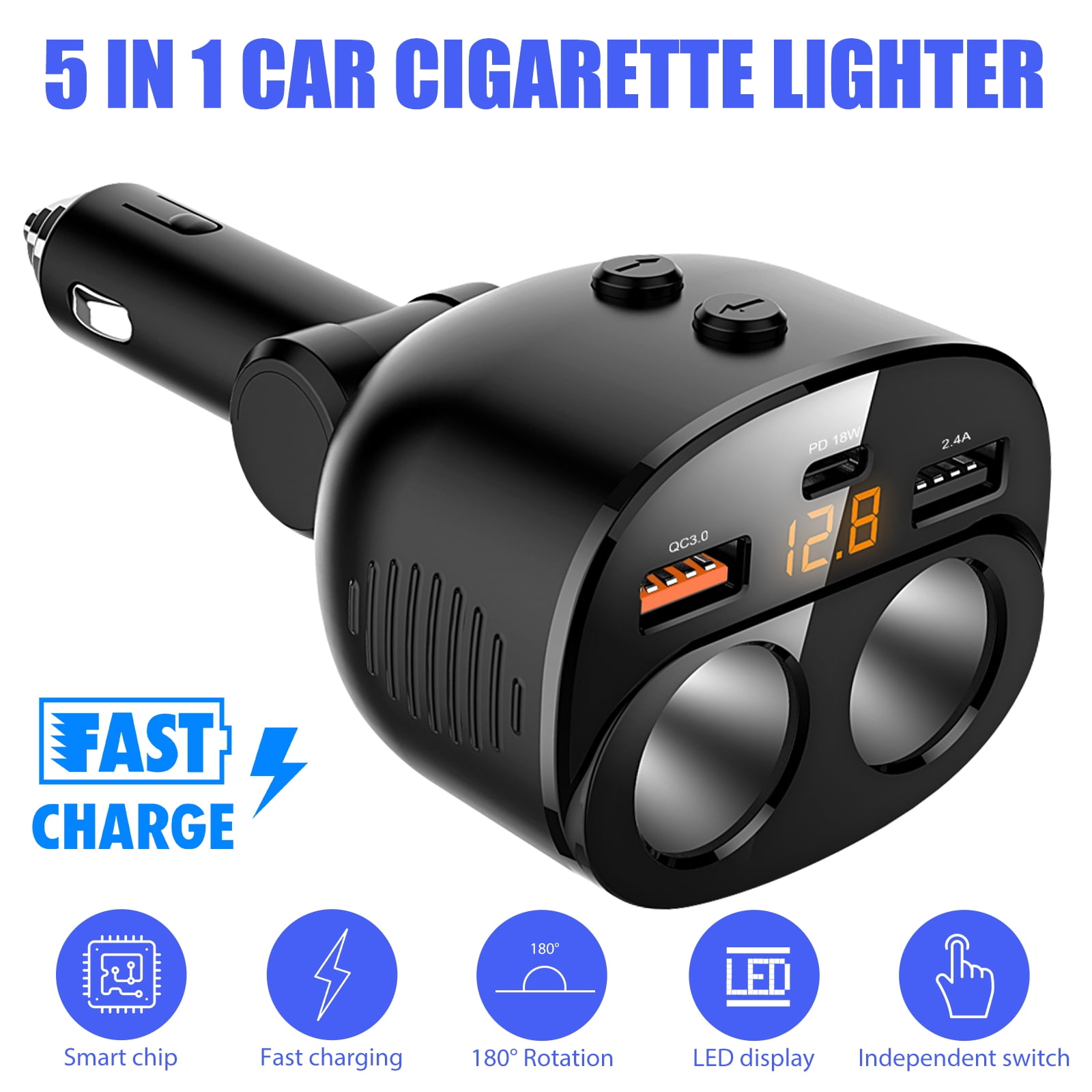 Car USB C Charger, 2 Sockets Cigarette Lighter Splitter 12/24V, USB