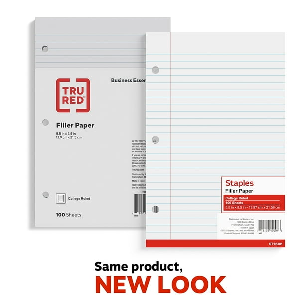 Staples College Ruled Filler Paper 5 1/2" x 8 1/2" 100/Pack (12301M