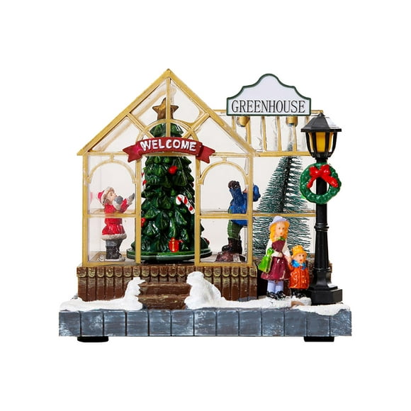Christmas Illuminated Village Greenhouse Miniature Resin Figurine with Music Xmas Ornament for Bedroom, Living Room Delicate