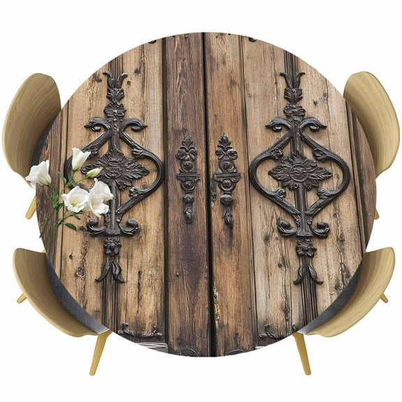 Wooden Plank Fitted Tablecloth with Elastic Edged, Round Table Cloth for Dining Table, Rustic Farmhouse Brown Black Barn Door Waterproof Oil Proof Table Cover for Indoor Outdoor 55"-60"