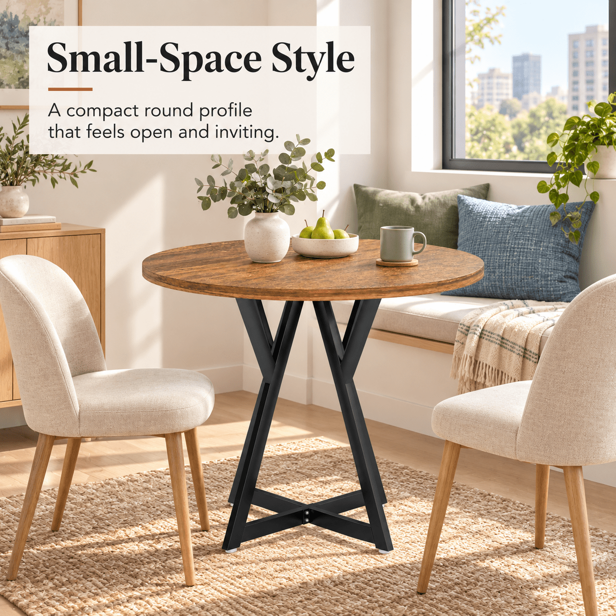 Furnibear 36 Inch Round Dining Table with Sturdy Metal Pedestal Base, Rustic Wood Grain for Kitchen Dining Room Small Space, Antique