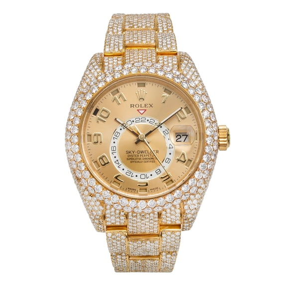 Pre-Owned Rolex Sky-Dweller 42MM 326938 Champagne Arabic Dial Diamond Bezel 18K Yellow Gold Full Diamond Oyster Bracelet 23.75ct