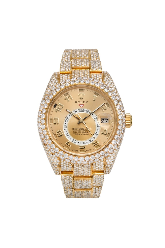 Pre-Owned Rolex Sky-Dweller 42MM 326938 Champagne Arabic Dial Diamond Bezel 18K Yellow Gold Full Diamond Oyster Bracelet 23.75ct