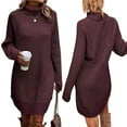 thumbnail image 2 of Douhoow Women Turtleneck Sweater Dress Solid Color Long Sleeve Short Knit Dress Fall Winter Casual Loose Dress, 2 of 7
