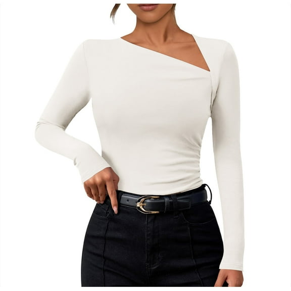 Fiaer White T Shirts for Women Trendy Asymmetric Neck Long Sleeve Tshirts Slim Fit Casual Comfy Fall Knit Tops White XS