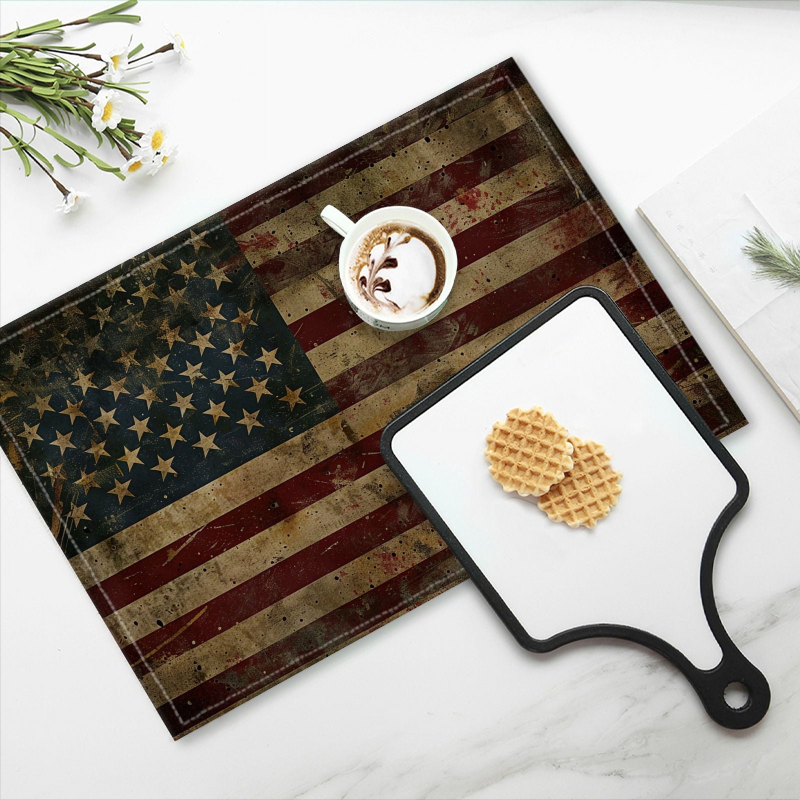 BaHomeck placemats Set of 4 rectangle Linen Cotton Placemats for Dining Table Washable Heat Resistant,18*12inch,Vintage American Flag With Grunge Textures