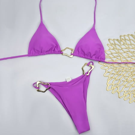 Jjayotai No Boundaries Bikini Sets for Women  Thong Cheeky Two Piece Swimsuit  Ring Linked Halter Push Up Sexy Bathing Suits  Women s Swimwear Purple~ L