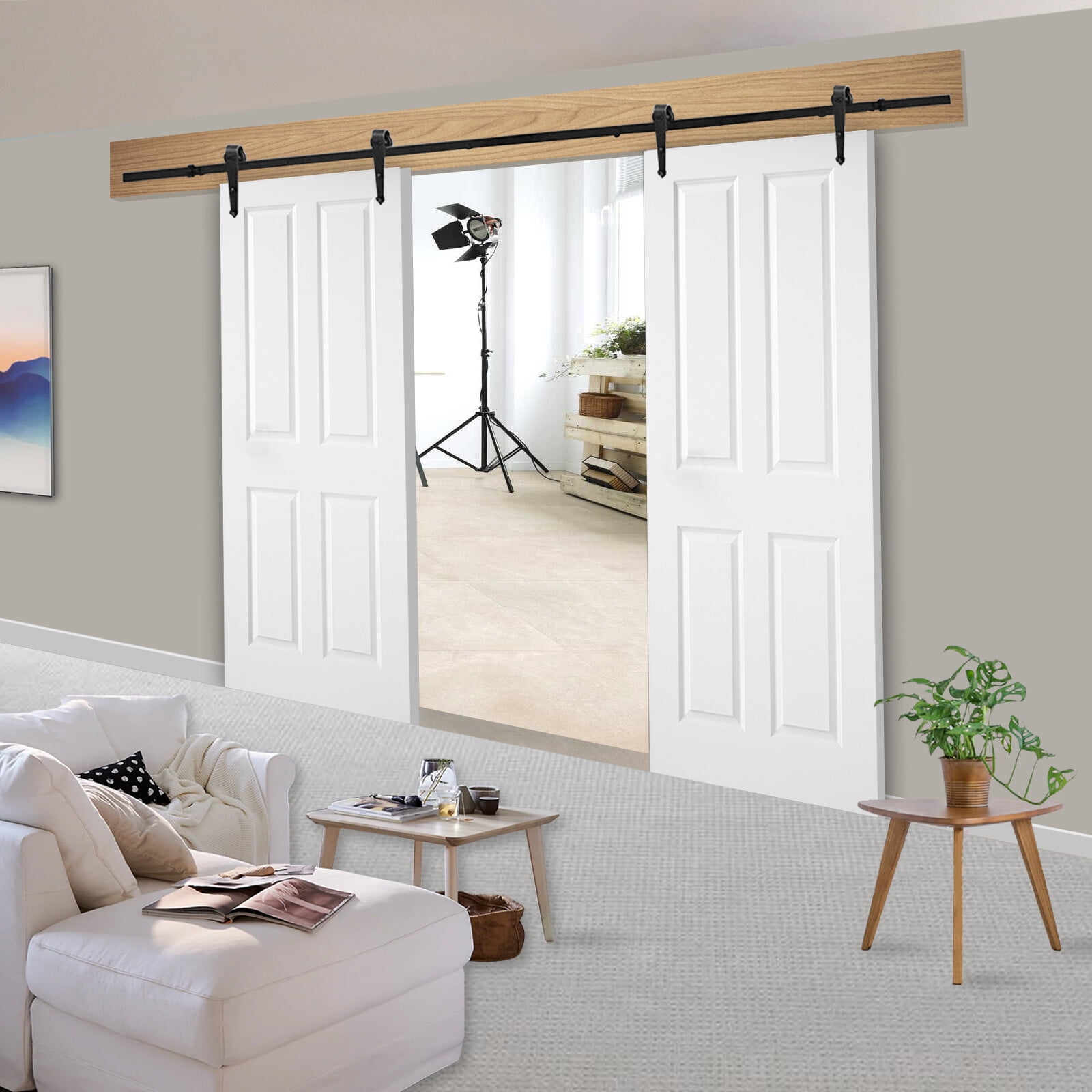 SuperDeal Modern 12FT Double Sliding Barn Doors Hardware Track Kit Frosted Black