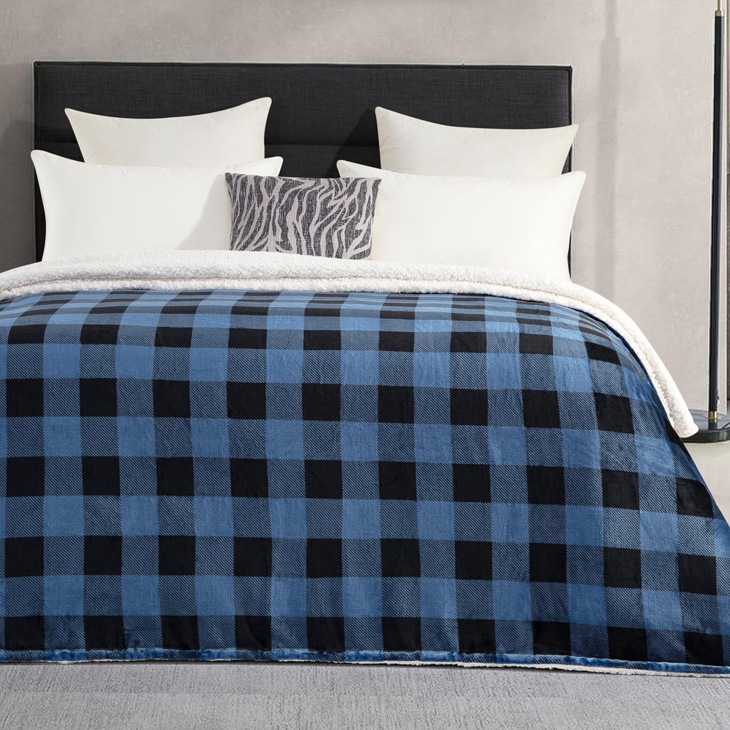 Elegant Comfort Reversible Buffalo Plaid Flannel Sherpa Blanket - Soft Fleece Throw for Couch or Bed - Plush Warm Winter Blanket, Twin XL, Blue