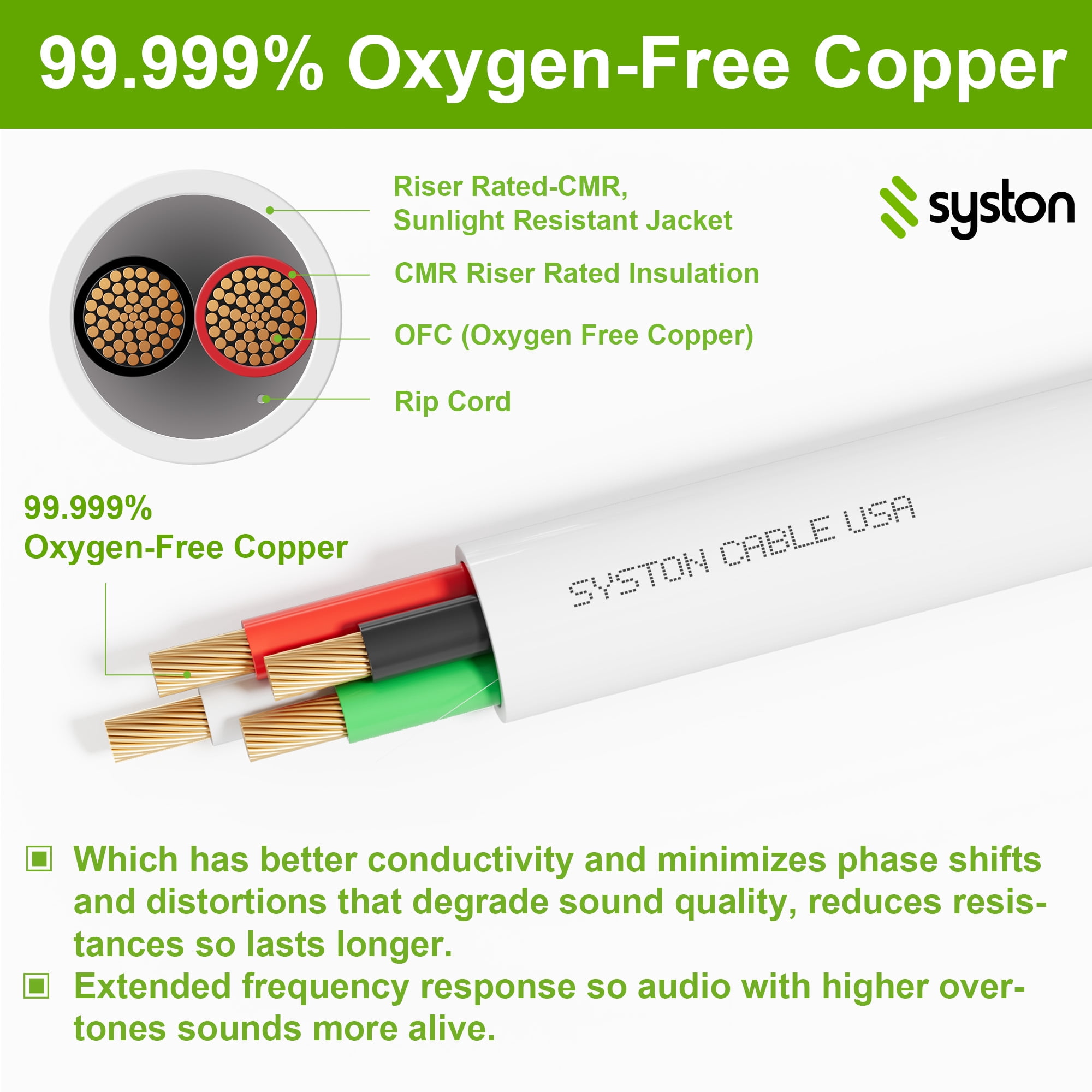 SYSTON CABLE TECHNOLOGY 16/4 Stranded OFC Audio Cable, UL/ETL CL3R/FT4/CMR 16 Gauge 4 Conductors Speaker Wire, Oxygen Free Copper Indoor Outdoor UV-Resistant RoHS-Compliant White 100 ft