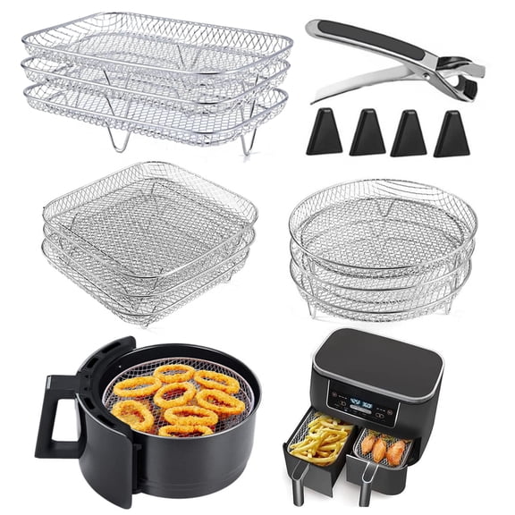 3-Layer Square Round Rectangle Air Fryer Rack Set Dehydrator Rack with 4 Silicone Feet Anti-Scald Clip Stackable Air Fryer Accessories for Baking Cooking Drying Compatible with 5-7.5L Air Fryers