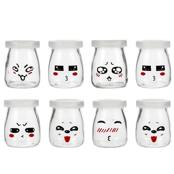 EeaseCA 8Pcs Pudding Glass Bottles Yogurt Bottles Smiley Faces Bottles (Assorted Color)