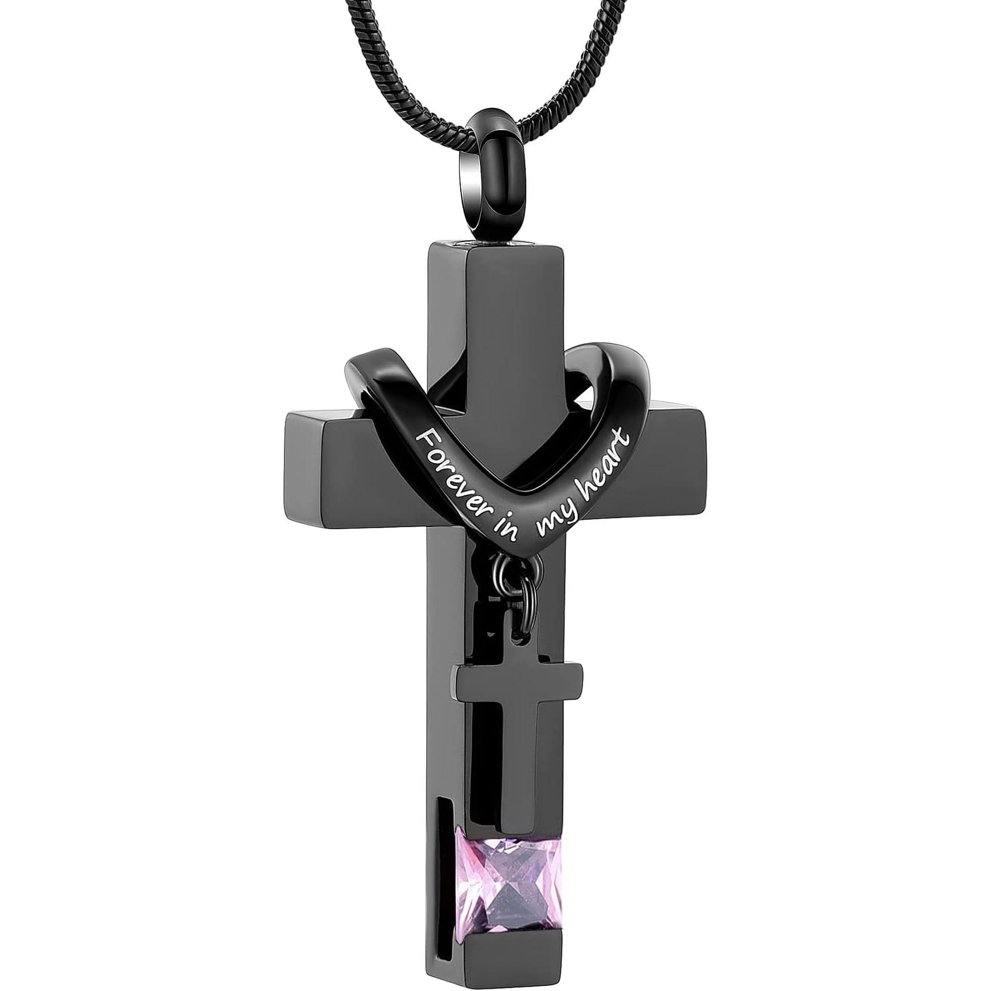 Forever in My Heart Birthstone Personalized Double Cross Urn Pendant Cremation Jewelry for Ashes Cross Ashes Keepsake