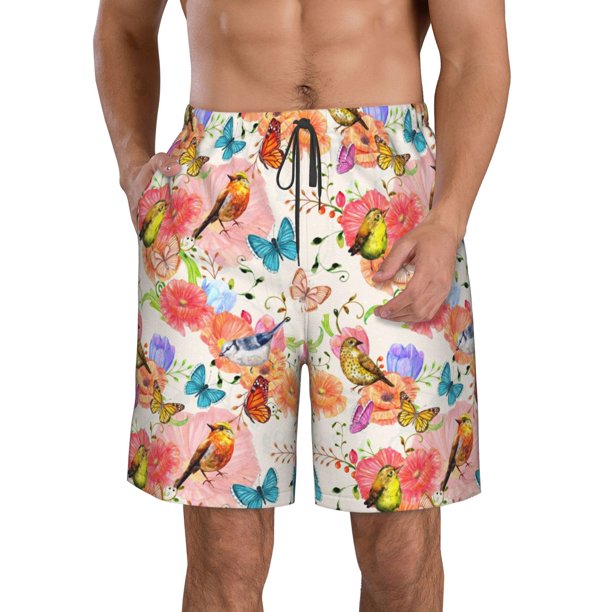 Balery Flowers And Birds Watercolor Traje de Baño Estilo Hawaiano para Hombre, Shorts de Secado Rápido con Bolsillos-Medium