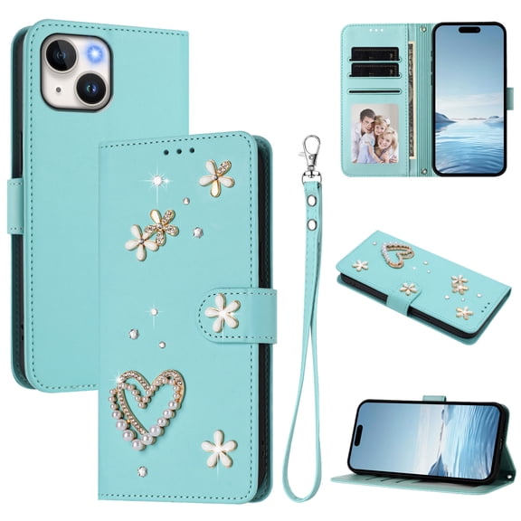 Wallet Case For iPhone 14, Elegant 3D Floral Pearl Heart Bling Rhinestone PU Leather Flip Cover with Card Holder Wrist Strap Kickstand & Magnetic Closure for Women Girls, Mint