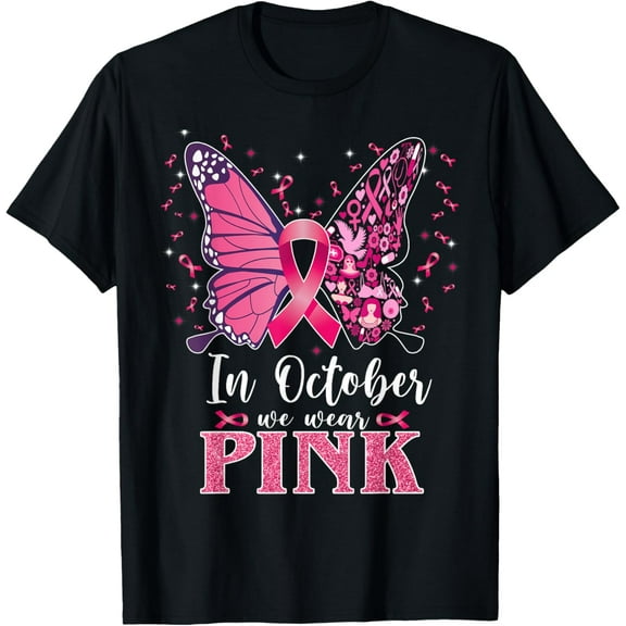 t-shirt In October We Wear Pink Butterfly Breast Cancer Awareness T-Shirt mens，black，women，funny，journey，Crew Neck, Short Sleeve,custom clothing patterns.gift