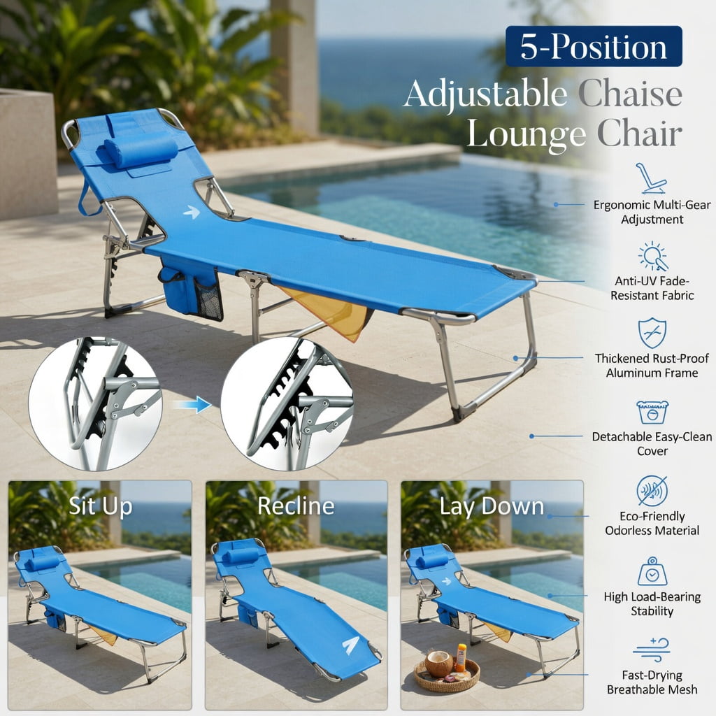 Hommoo Adjustable Folding Beach Lounge Chair with Removable Pillow, Lightweight Aluminum Frame, Portable for Beach, Pool & Patio, Blue