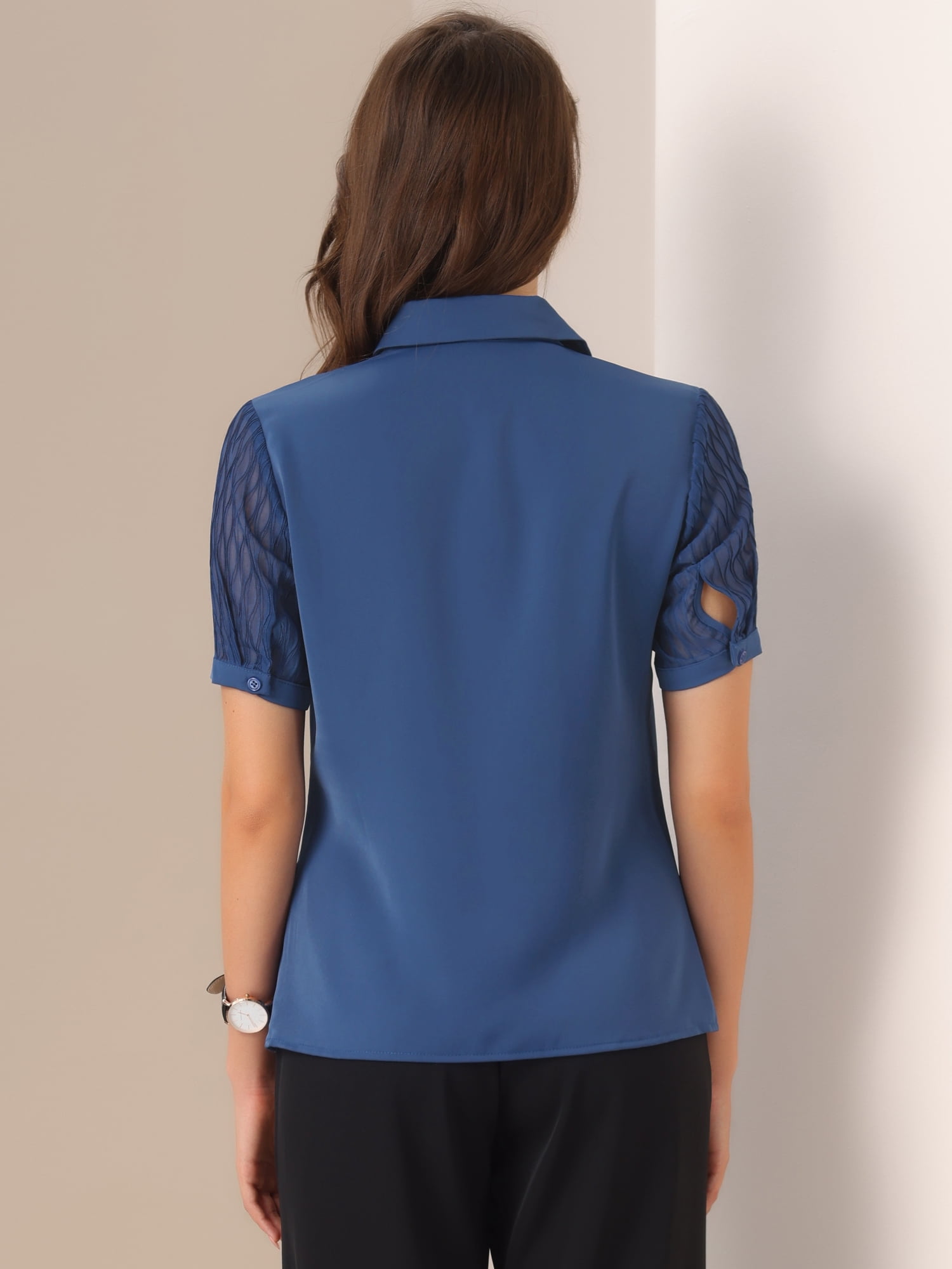 DARING DIVA Women's Button Down Sheer Short Sleeve Point Collar Work Shirt  S Dark Blue