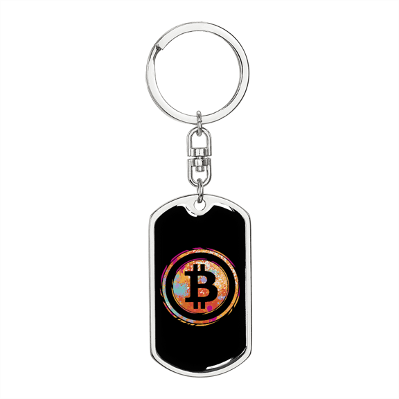 Bitcoin Watercolor Crypto Stainless Steel or 18k Gold Premium Swivel Dog Tag Keychain