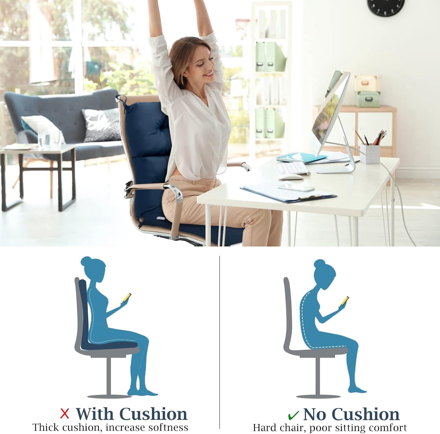 Miemie Outdoor Chair Cushions 45” x 22” x 4.5”, High Back Tufted Seat Cushion with Ties, Waterproof All-Weather Indoor Rocking Chair Replacement Pads, Patio Wicker Furniture Cushions, Navy