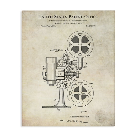 Stupell Industries Art Deco Motion Picture Projector Patent Design Blueprint Diagram Canvas Art, 16 x 20, by Karl Hronek