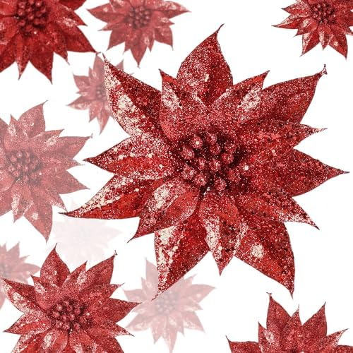 15-Pack Christmas Glitter Flowers – Shining Artificial Tree Ornaments, White