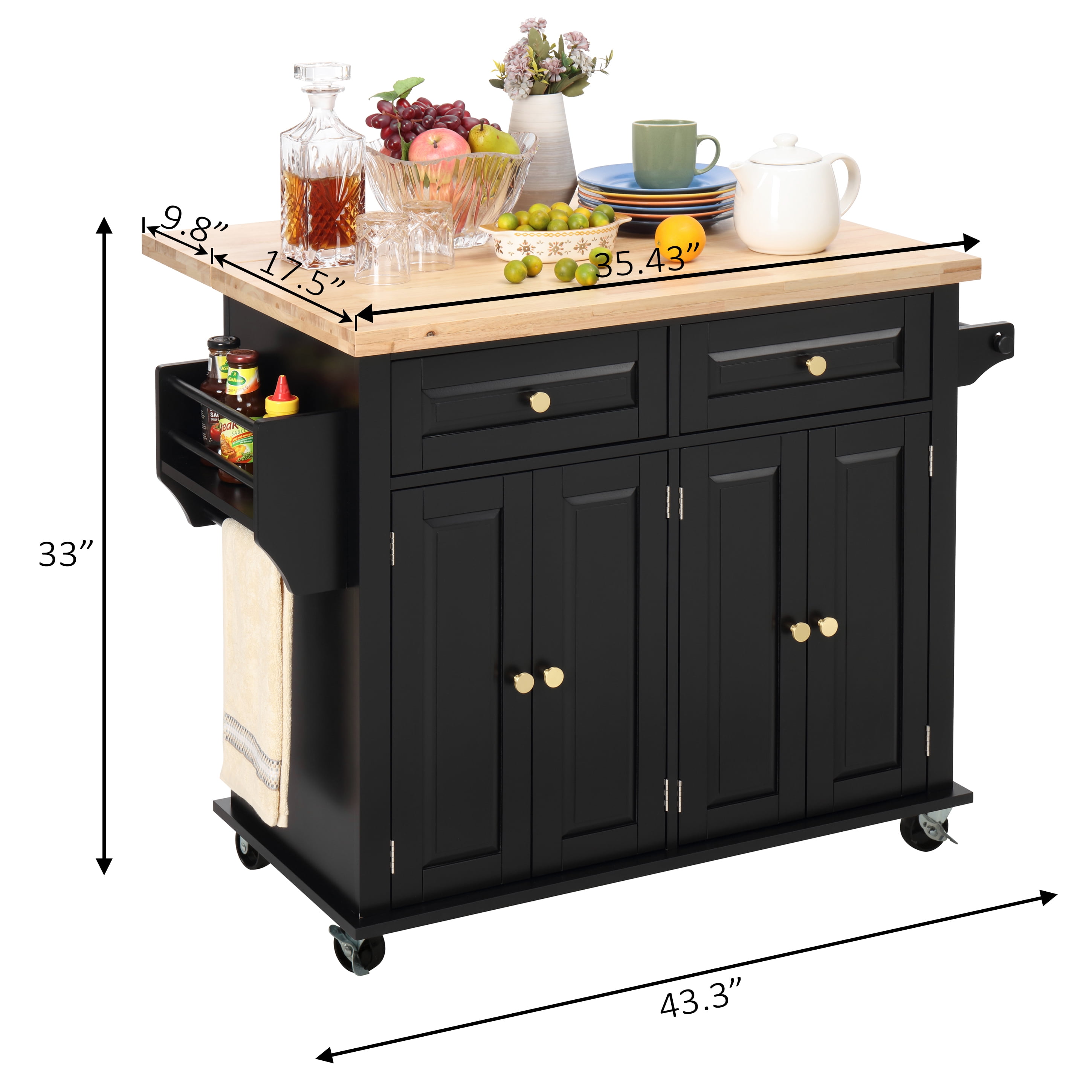 Finnhomy Rolling Kitchen Island with Drop Leaf, Thicken Rubberwood Top, Portable Mobile Carts Table, Kitchen Serving and Storage Cart