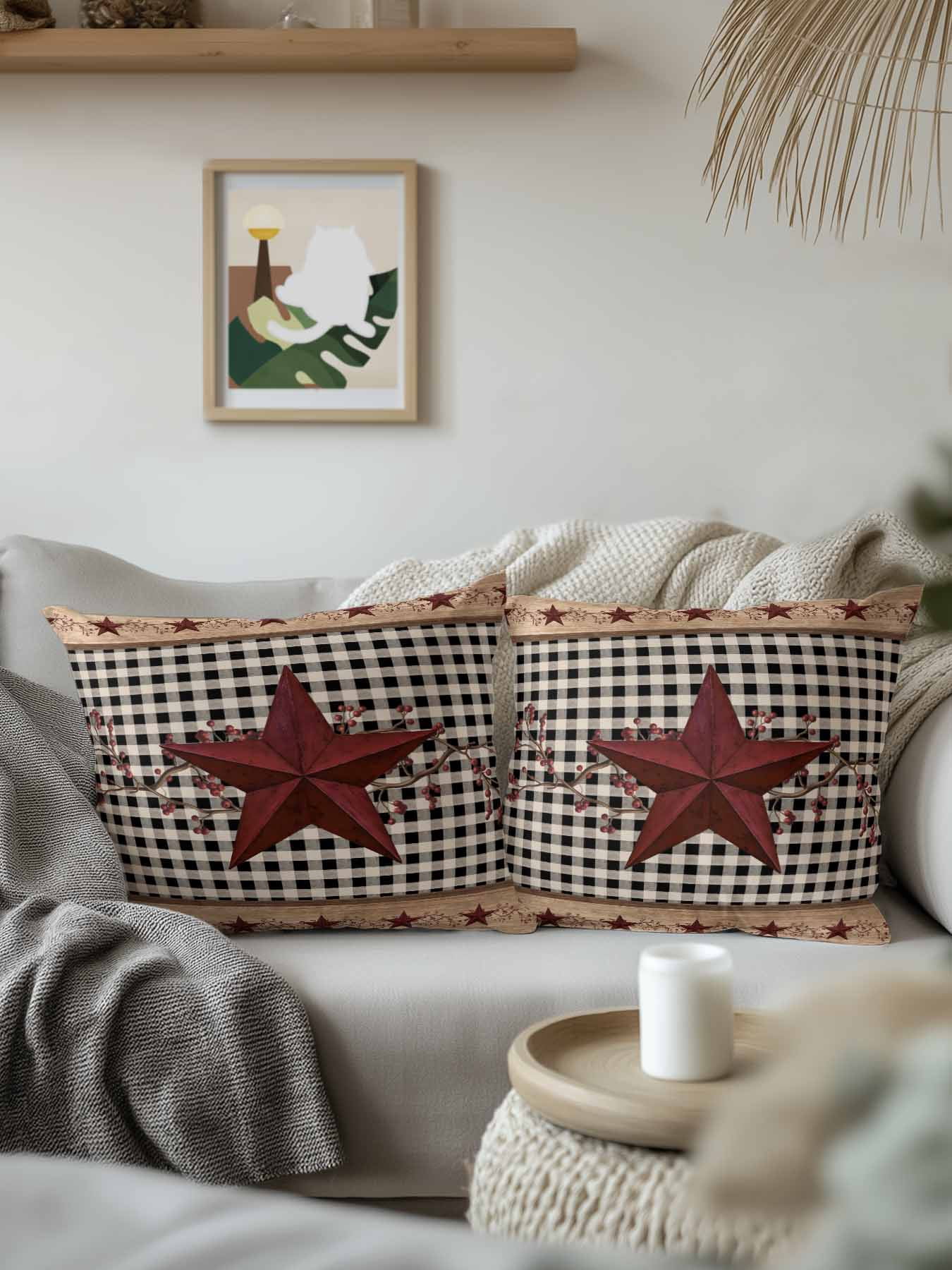 Outdoor Pillows Waterproof, Red Texas Star Farmhouse Bedding Throw Pillows with Insert for Couch Sofa Bed, Black Plaid Berry Country 18x18 Inch Pillowcases Decorative Camping Patio Pillow Set of 1