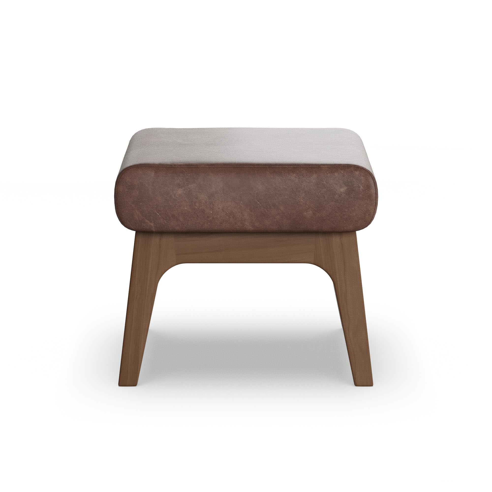 Bakari Mid-Century Modern Walnut Wood Dark Brown Distressed Faux Leather Ottoman by Bellamy Studios