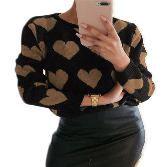 Chandail Décontracté à Manches Longues pour la Saint-Valentin pour Femmes Motif Cœur Col en V Tricoté Ample