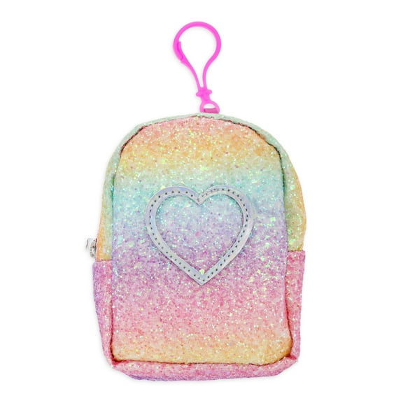 Wonder Nation Mini Rainbow Heart Backpack Keychain, Clip-on Coin Purse and Storage Pouch for Girls, Multicolor Pastels