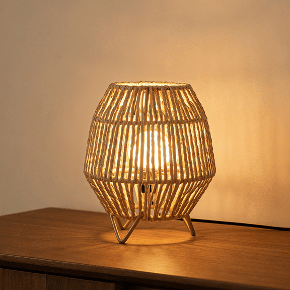 Boho Handcrafted Rattan Table Lamp, USB Powered Dimmable Touch Control Bedside Night Light, Modern Rustic Home Decor Lamp for Bedroom Living Room