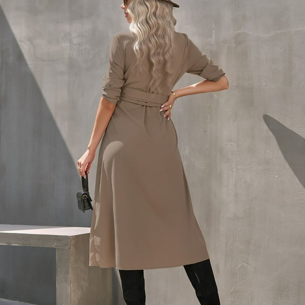 Single Breasted Dress, Pure Color Casual Belted Dress Long Sleeve