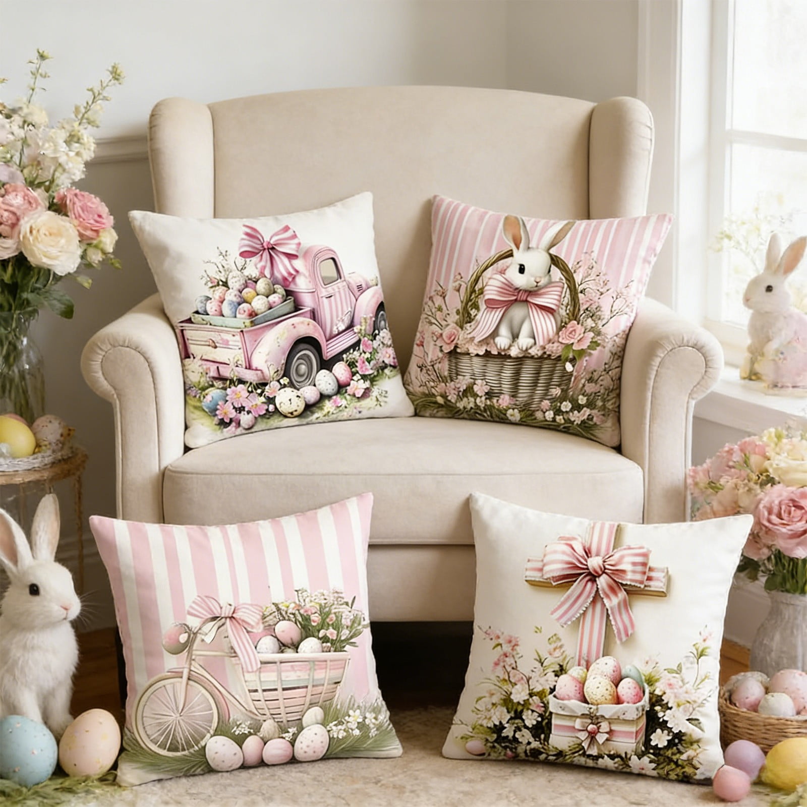 Set of 4 Easter Throw Pillow Covers 18x18 Inch, Linen-Like Bunny and Easter Egg Print Pillowcases for Sofa Couch Spring Home Decor