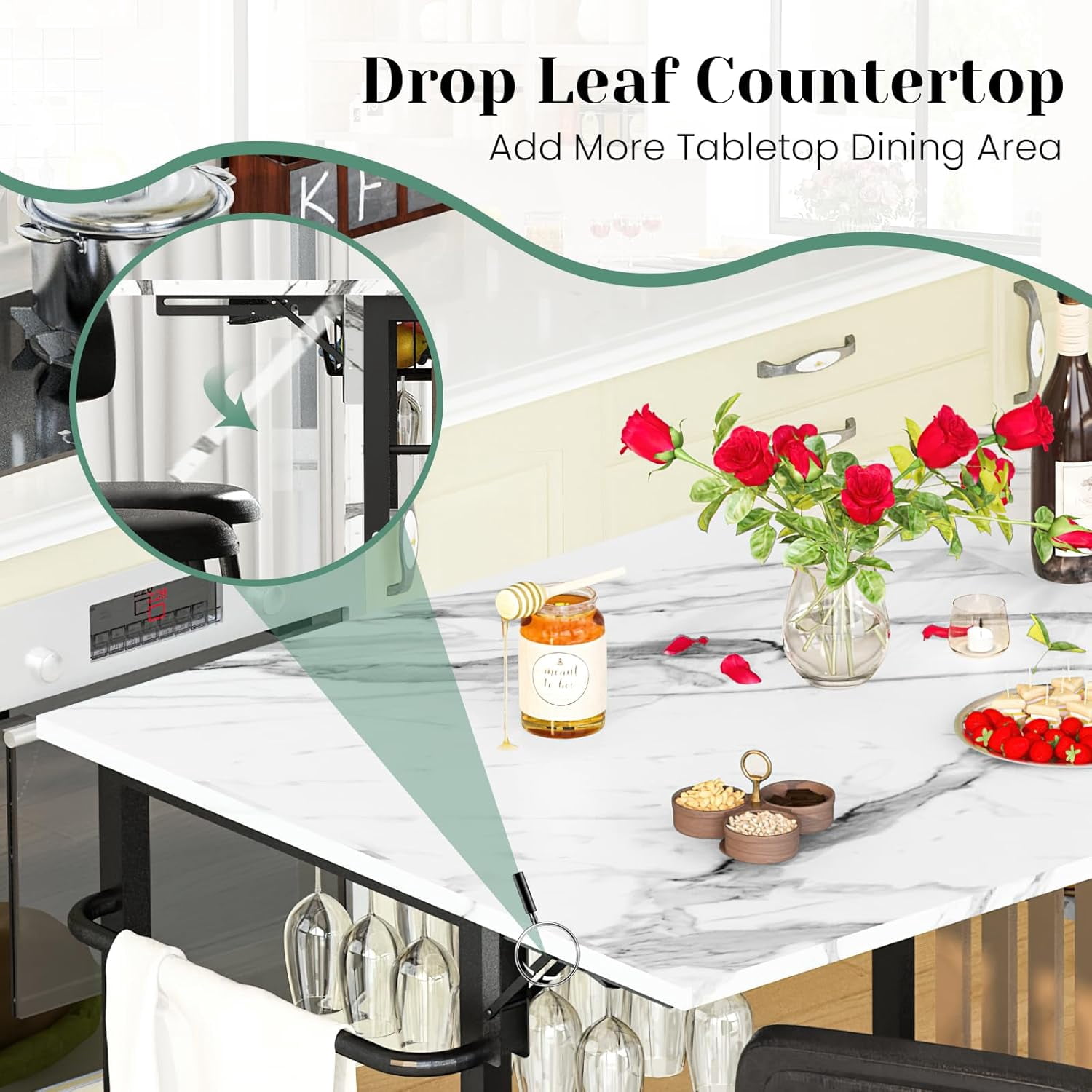 Lamerge 2 Person Folding Dining Table Set with Wheels and Wine Rack, White