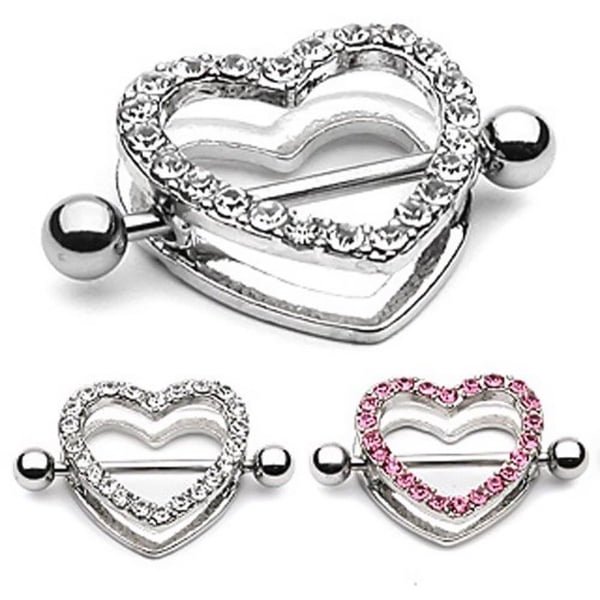 Luxe Modz Pair of 14ga Nipple Shield - CZ Gem Paved Heart-Shaped Setting with Free Barbell