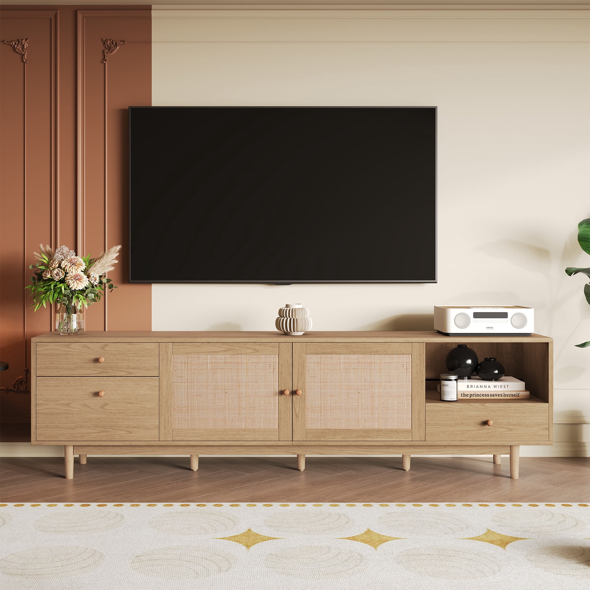 Boho TV Stand for 65 75 85 Inch TV, 76.6 Inch Entertainment Center with Real Rattan Doors, Open Storage and 3 Drawers, Modern Wood Media Console, Natural
