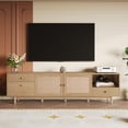 thumbnail image 2 of Boho TV Stand for 65 75 85 Inch TV, 76.6 Inch Entertainment Center with Real Rattan Doors, Open Storage and 3 Drawers, Modern Wood Media Console, Natural, 2 of 11
