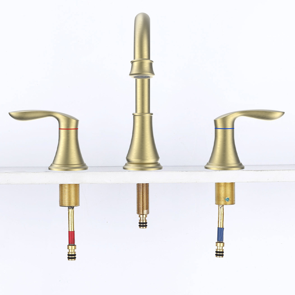 2 Handle 8 Inch Widespread Bathroom Sink Faucet with Pop-Up Drain, High Arc Modern Bathroom Vanity Lavatory Faucet 3 Holes with Brass 360° Swivel Spout, Gold